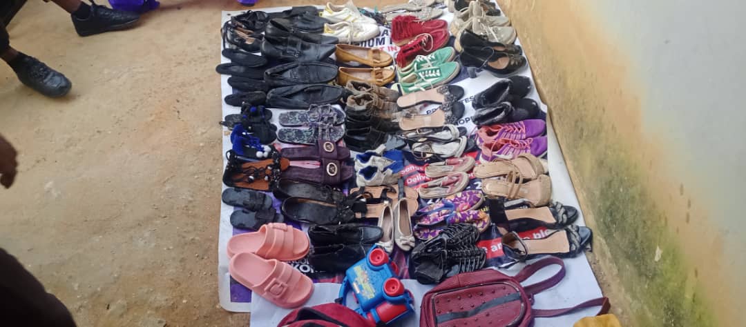 Footwear and gifts arranged and ready to be given out